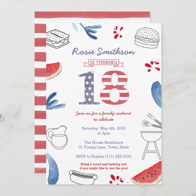 All-American 18th Birthday Party, 4th July Party Invitation (Front/Back)