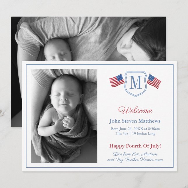 All-American 4th Of July Welcome Baby Boy Birth Announcement (Front/Back)