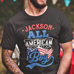 All american boy 4th july patriotic family reunion T-Shirt<br><div class="desc">Celebrate July the fourth with this patriotic t-shirt featuring the wording "All American boy" in red and light blue retro-style fonts over the iconic USA stars and stripes flag. Easily customisable with your name, this t-shirt is perfect for any 4th of July party or family reunion, or even just to...</div>