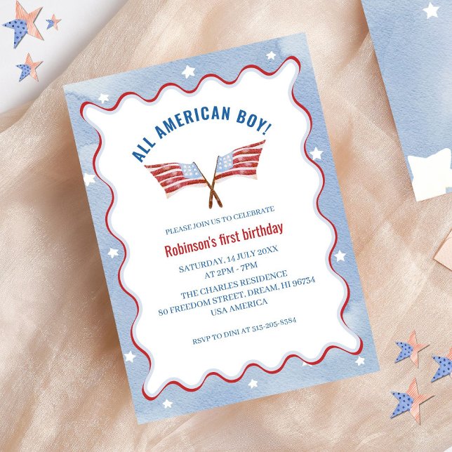 All American Boy 4th July Watercolor Birthday Invitation (Creator Uploaded)