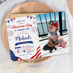 All American Boy Birthday 4th of July Photo Invitation