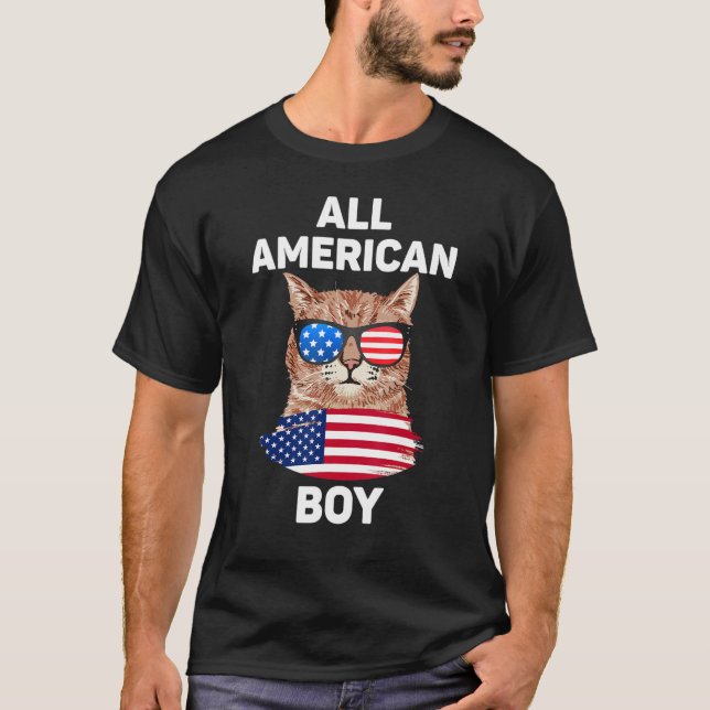 All American Boy Cat Us Flag Sunglasses 4th Of Jul T-Shirt (Front)