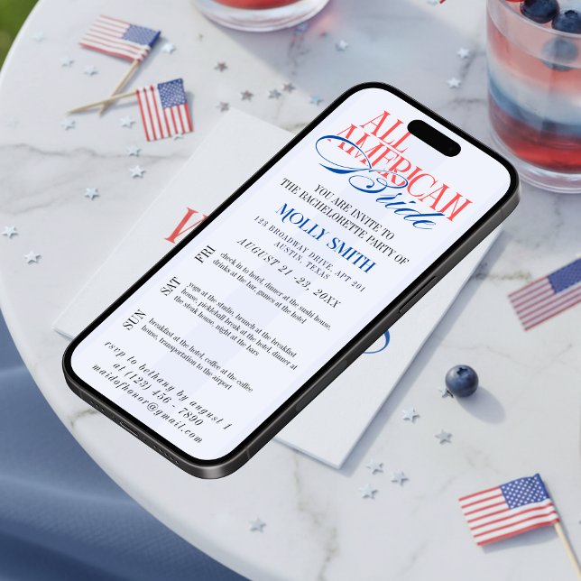 All American Bride Bachelorette Weekend Itinerary  Invitation (All American Bride Bachelorette Weekend Itinerary Invitation)