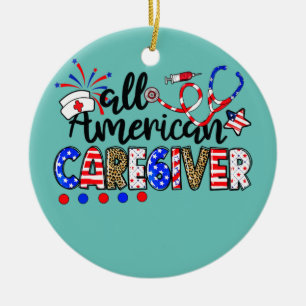 All American Caregiver Messy Bun USA Flag 4th Of Ceramic Tree Decoration