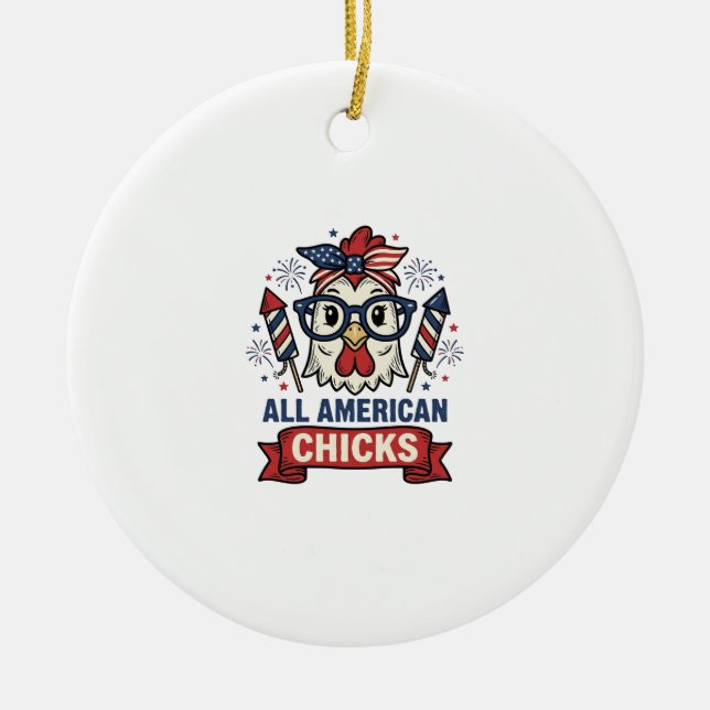 All American Chicks Patriotic Chicken Vector Desig Ceramic Tree Decoration (Front)