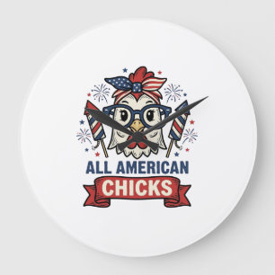 All American Chicks Patriotic Chicken Vector Desig Large Clock