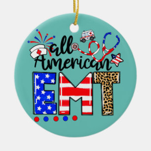 All American EMT Messy Bun USA Flag 4th Of July Ceramic Tree Decoration