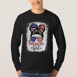 All American Girl 4th July Messy Bun Us Flag T-Shirt