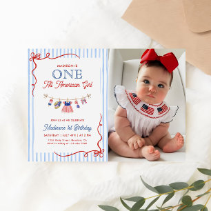 All American Girl 4th of July 1st Birthday Photo Invitation