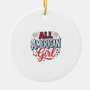 All American Girl Patriotic Vintage Vector Design_ Ceramic Tree Decoration
