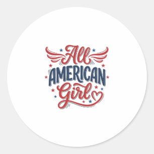 All American Girl Patriotic Vintage Vector Design_ Classic Round Sticker