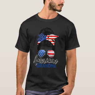 All American Grandma Usa Flag Messy Bun Women 4th  T-Shirt