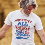 All american grandpa 4th july patriotic family T-Shirt<br><div class="desc">Celebrate July the fourth with this patriotic t-shirt featuring the wording "All American grandpa" in red and light blue retro-style fonts over the iconic USA stars and stripes flag. Easily customisable with your name, this t-shirt is perfect for any 4th of July party or family reunion, or even just to...</div>