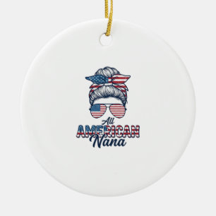 All American Nana Patriotic Messy Bun Vector Desig Ceramic Tree Decoration