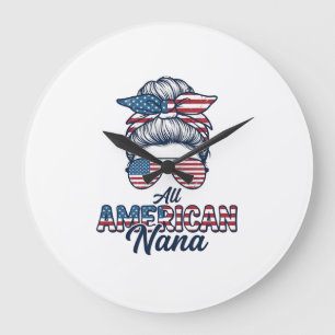 All American Nana Patriotic Messy Bun Vector Desig Large Clock