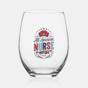 All American Nurse Vintage Patriotic Shirt Design_ Stemless Wine Glass