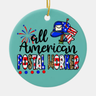 All American Postal Worker Messy Bun USA Flag 4th Ceramic Tree Decoration