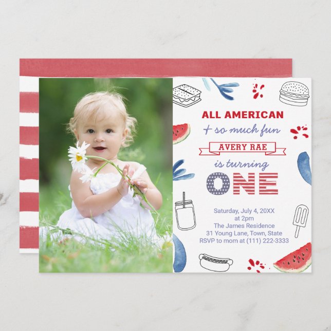 All-American Red White Blue 1st Birthday Party Invitation (Front/Back)