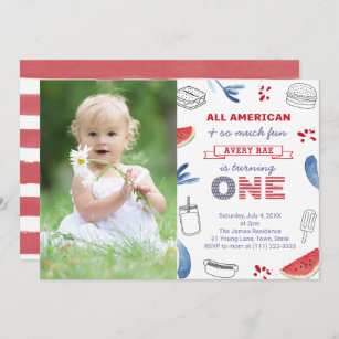 All-American Red White Blue 1st Birthday Party Invitation