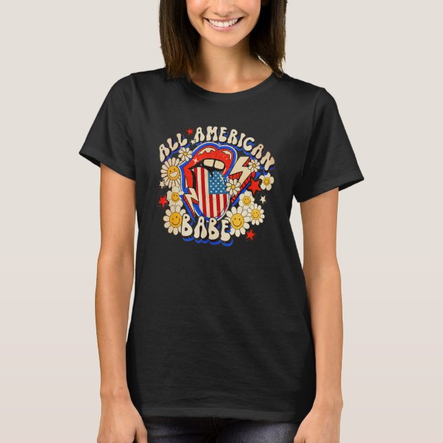 All American Retro Flower Babe 4th Of July USA Lip T-Shirt (Front)