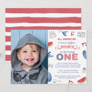 All American Virtual 1st Birthday Party Photo Invitation