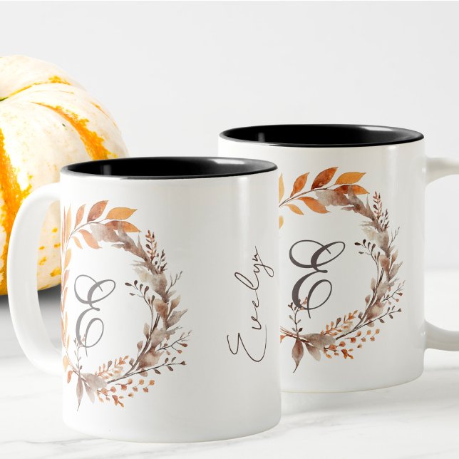 All Any Letter Modern Boho Foliage Monogram Fall Two-Tone Coffee Mug (Creator Uploaded)