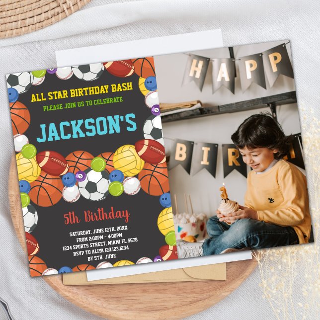All Balls Black Sports Party Birthday with photo Invitation (All Balls Black Sports Party Birthday with photo Invitation)