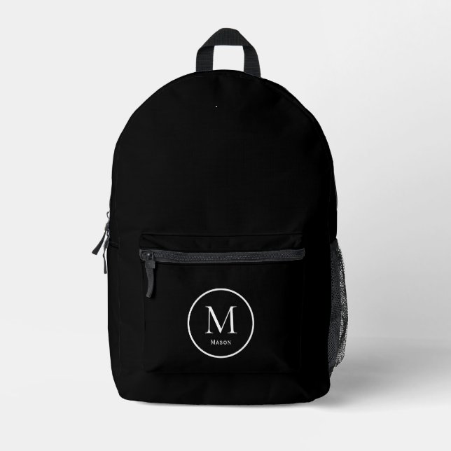 All Black with white monogram Colour Block  Printed Backpack (Front)