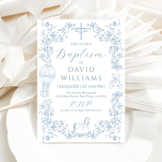 All Blue Toile Boy Baptism Elegant Digital Invitation (Creator Uploaded)