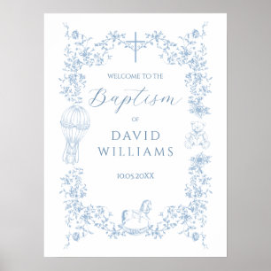 All Blue Toile Boy Baptism Elegant Welcome Poster