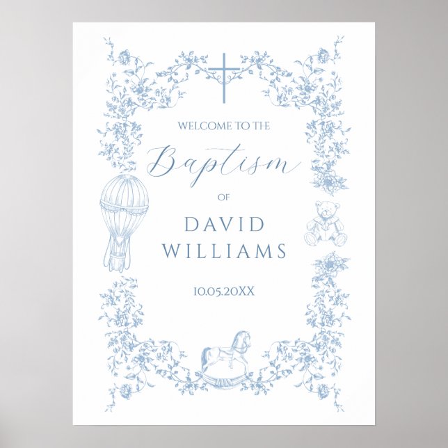 All Blue Toile Boy Baptism Elegant Welcome Poster (Front)