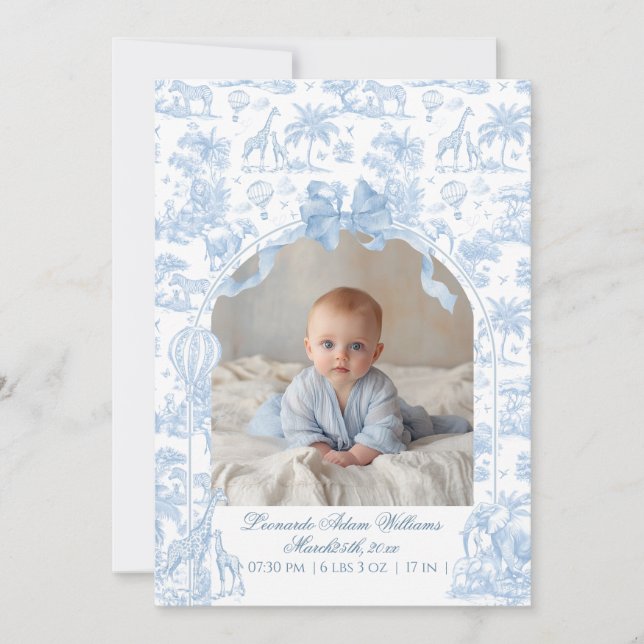 All Blue Toile Safari Animal Baby Boy Shower Announcement (Front)