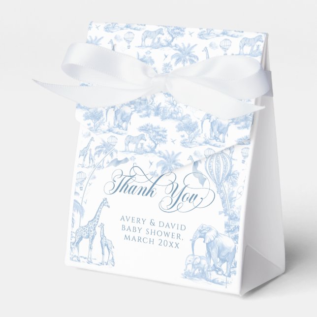 All Blue Toile Safari Animal Baby Boy Shower Favour Box (Front Side)