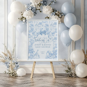 All Blue Toile Safari Animal Baby Boy Shower Poster