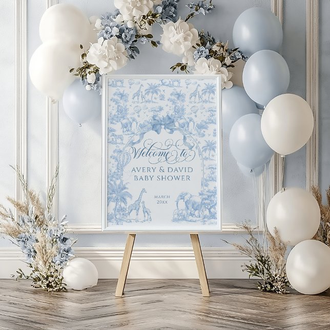 All Blue Toile Safari Animal Baby Boy Shower Poster (Creator Uploaded)
