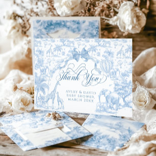 All Blue Toile Safari Animal Baby Boy Shower Thank You Card