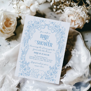 All Blue Toile Safari Animal Vintage Baby Shower Invitation