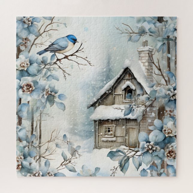 All Blue Winter Scene Bird Old Cabin Blossoms Jigsaw Puzzle (Horizontal)