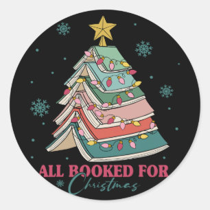 All Booked For Christmas Book Christmas Tree Light Classic Round Sticker