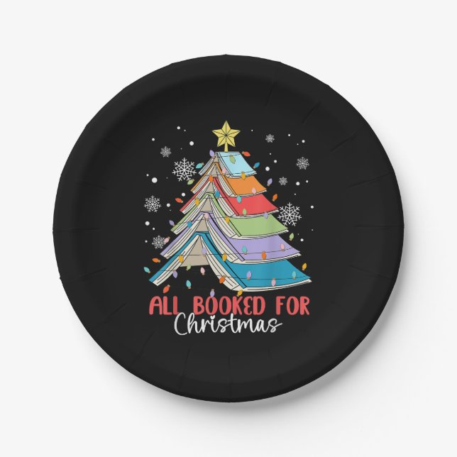All Booked For Christmas Book Christmas Tree Light Paper Plate (Front)