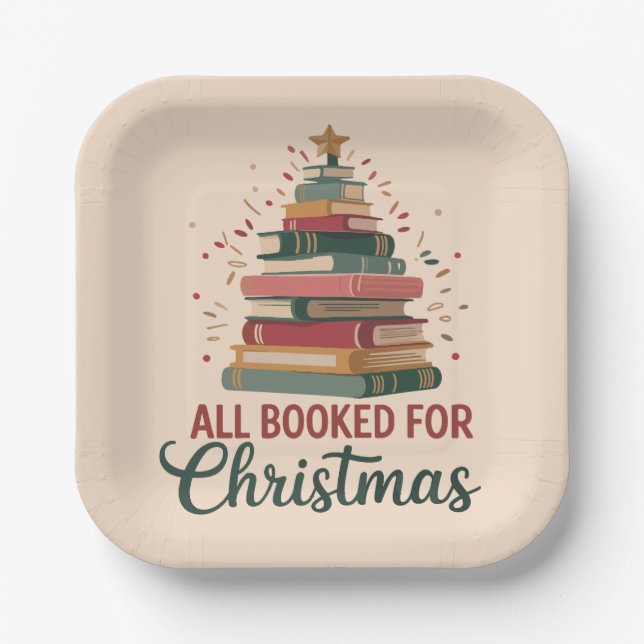 All Booked for Christmas Book Tree Xmas Teacher  Paper Plate (Front)