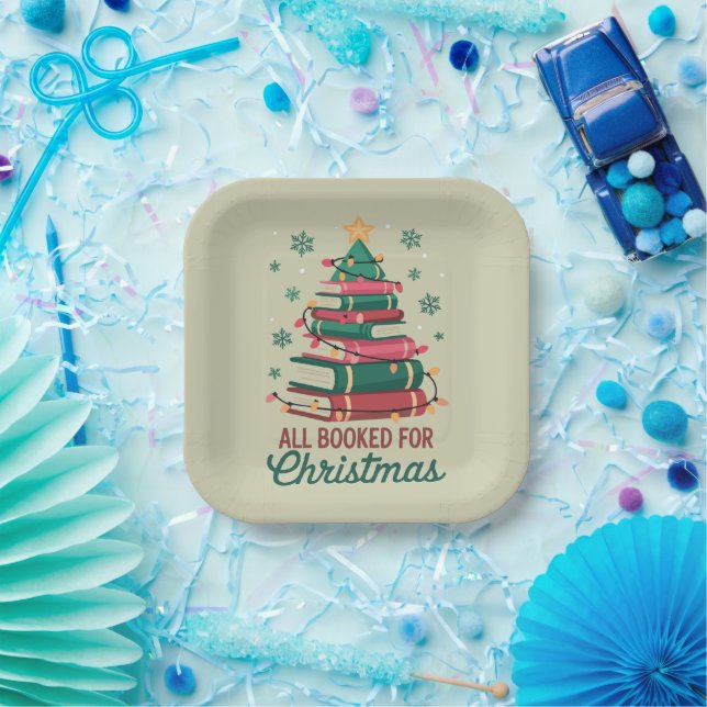 All Booked For Christmas Librarian Book Lover Tree Paper Plate (Party)