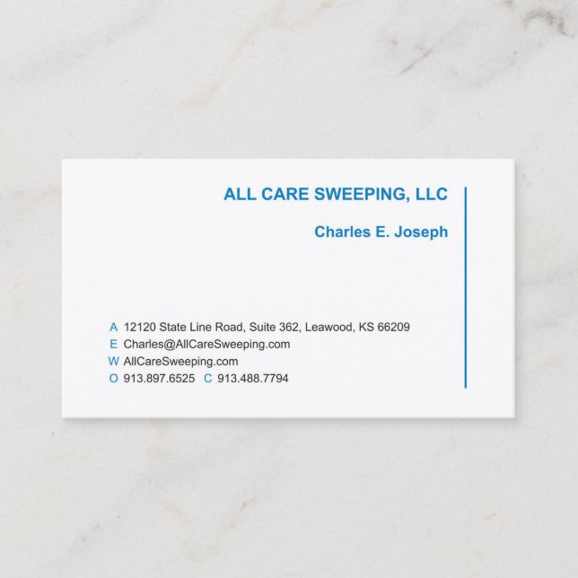 All Care Sweeping - Charles E. Joseph Business Car Business Card (Front)
