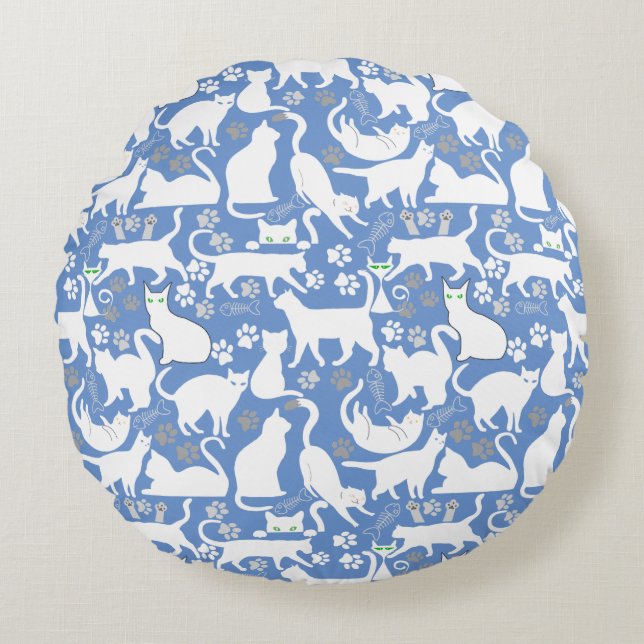All Cats pattern.w.bx4 L Blue BG Round Cushion (Front)