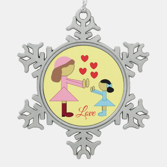 All Children Need Love: Light Yellow Snowflake Pewter Christmas Ornament (Front)