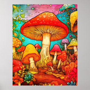 All Colours of Mushrooms Black Background On a Wal Poster