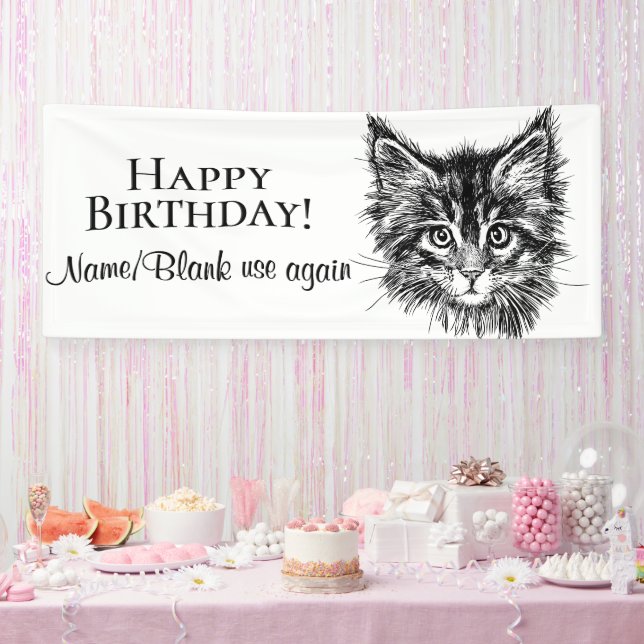 All Custom Text Black and White Kitten Face Banner (Party)