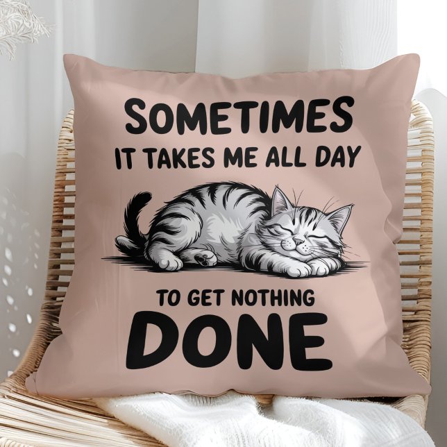 "All Day Doing Nothing" Funny Lazy Cat Cushion ("All Day Doing Nothing" Funny Lazy Cat Throw Pillow in a sunny boho rattan chair.)