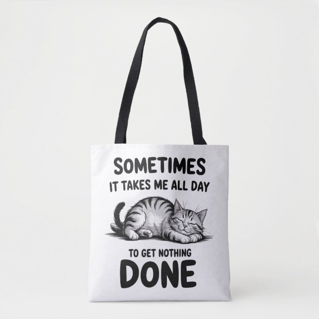 "All Day Doing Nothing" Funny Lazy Cat Tote Bag (Front)