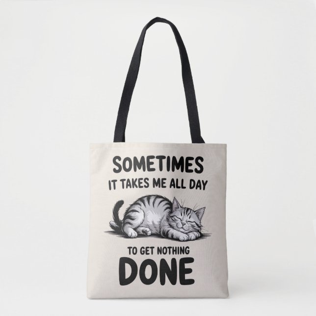 "All Day Doing Nothing" Funny Lazy Cat Tote Bag (Front)